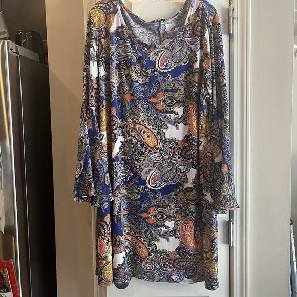70s like MSK Womens Boho Bell Sleeve Dress Blue Orange Paisley - LG33 - Picture 1 of 8